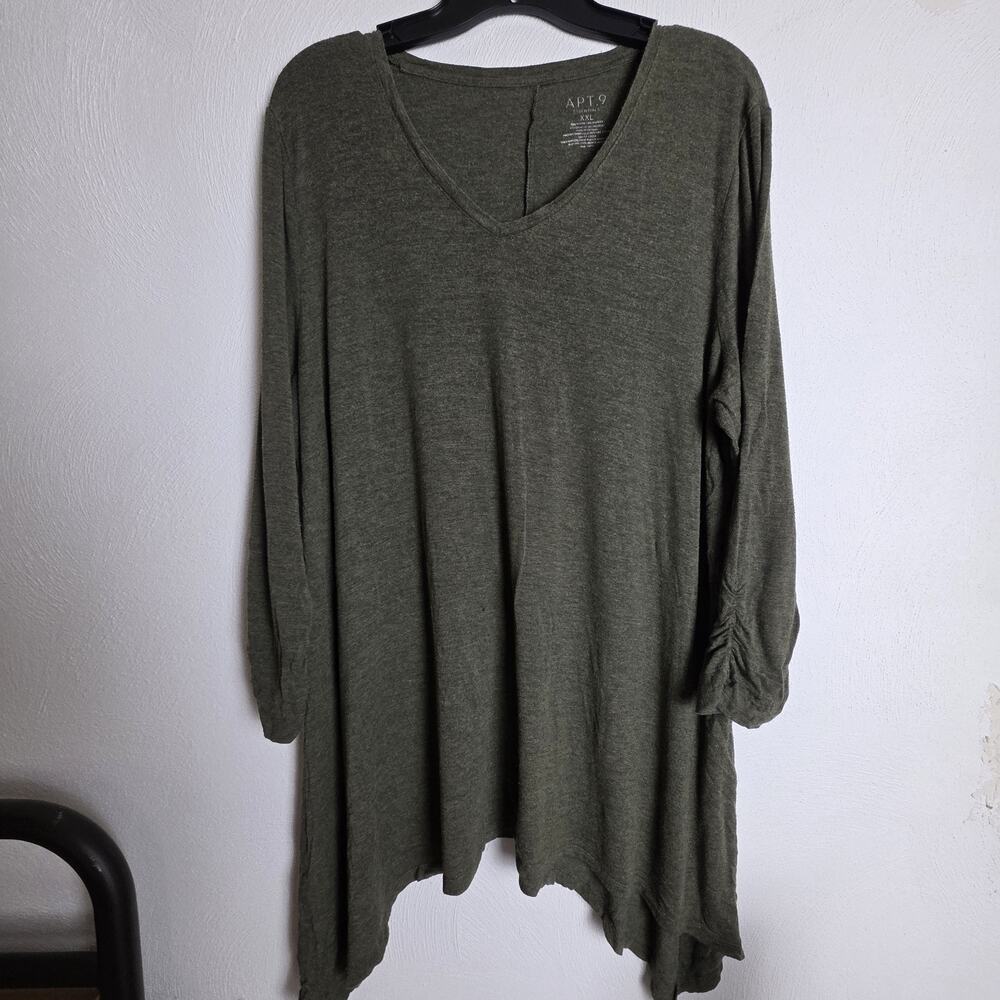 Apt. 9 Green Solid V-Neck Ruched 3/4 Sleeve Knit Tunic Top XXL